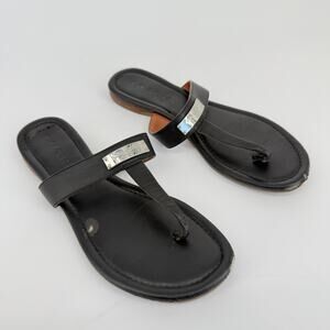 Coach Black Leather Sandals 6.5B Logo Thong Slide Flat Minimalist Resort Wear